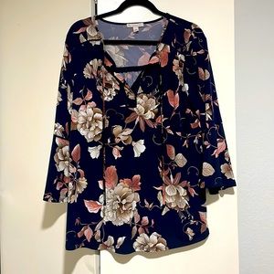 Navy blue floral, bell sleeved blouse, XL